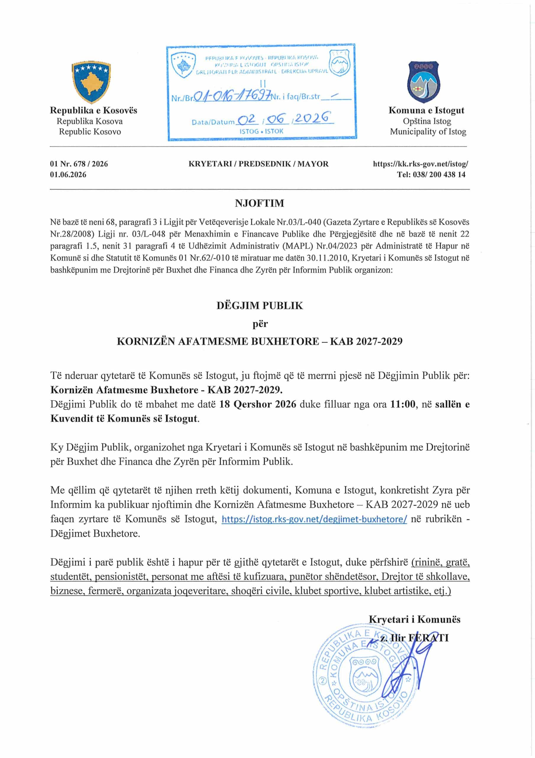 NJOFTIM PËR DËGJIM PUBLIK PËR KORNIZËN AFATMESME BUXHETORE – KAB 2027-2029