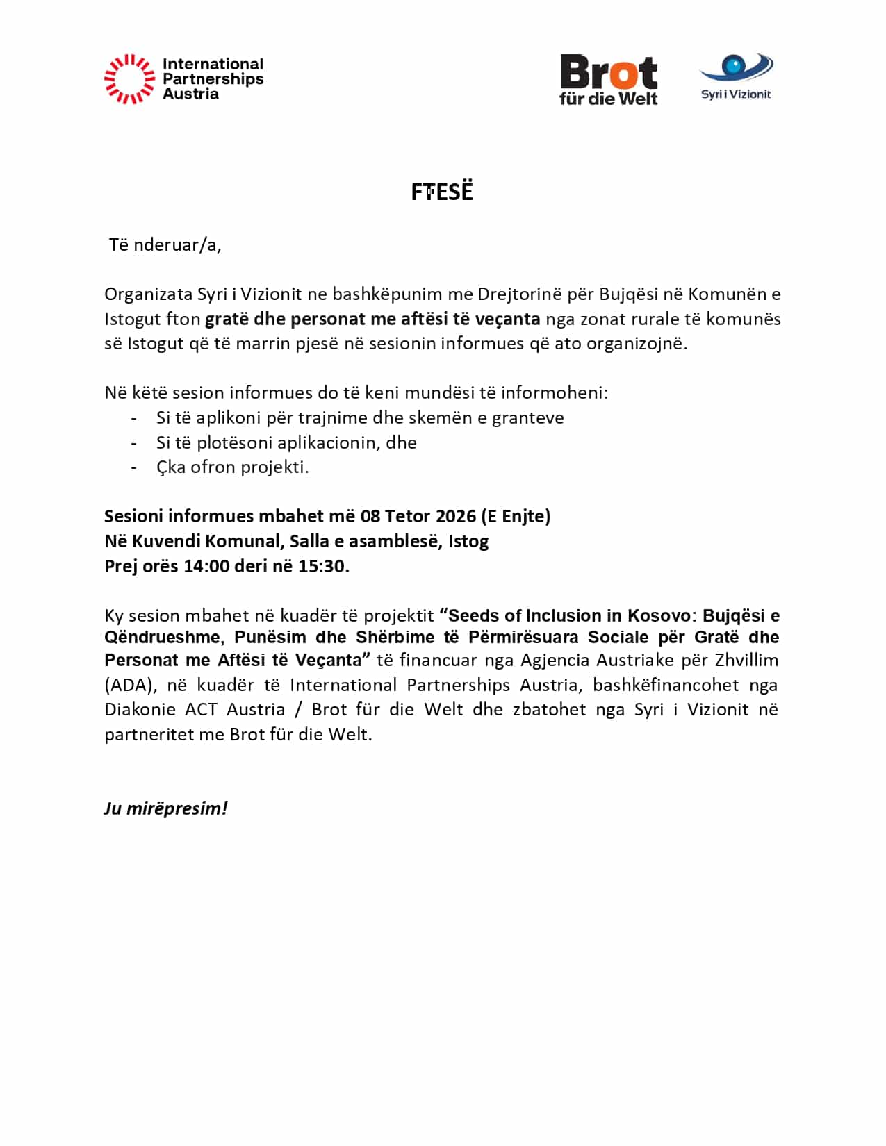 Ftesë për Sesion Informues në Bujqësi